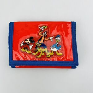Vintage Disneyland Wallet Mickey Goofy Donald Pluto Red Nylon Plastic Kid